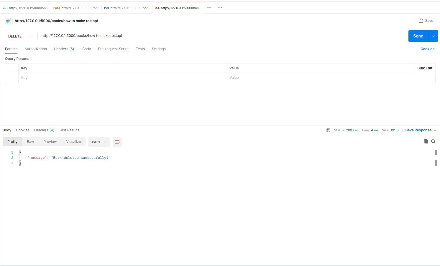 DELETE request in postman to test Flask REST API