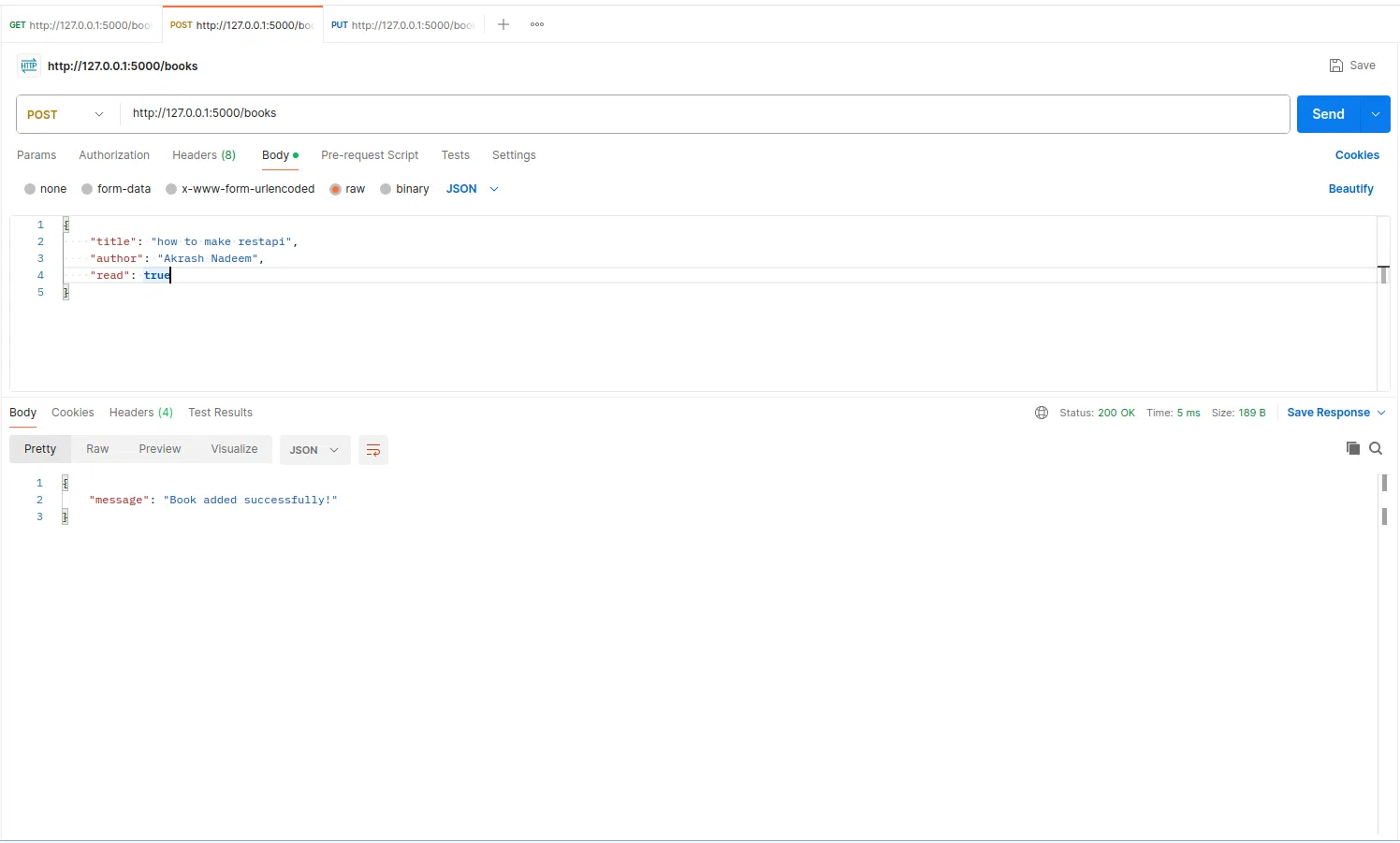 POST request using postman to test Flask REST API