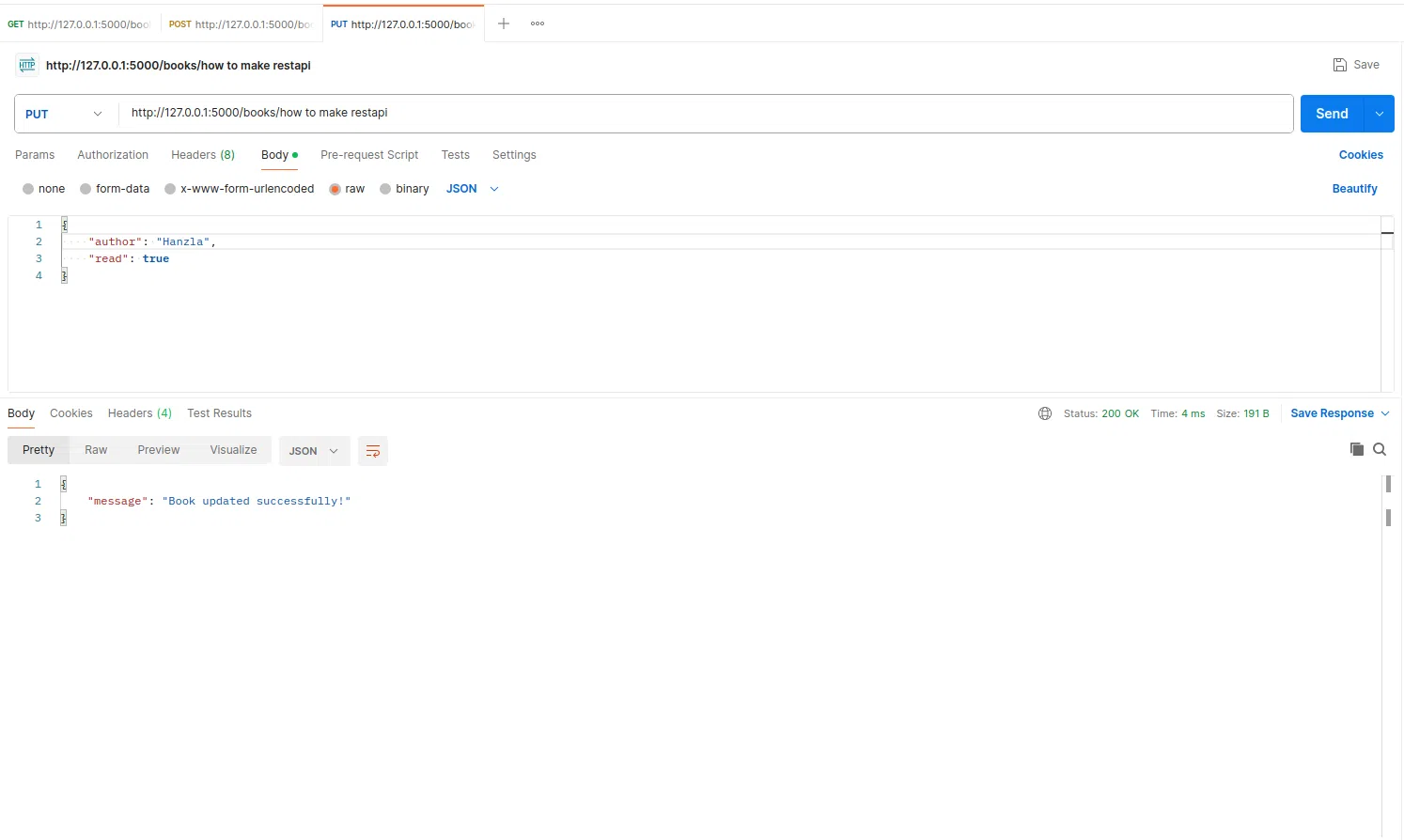 PUT request using postman to test Flask REST API