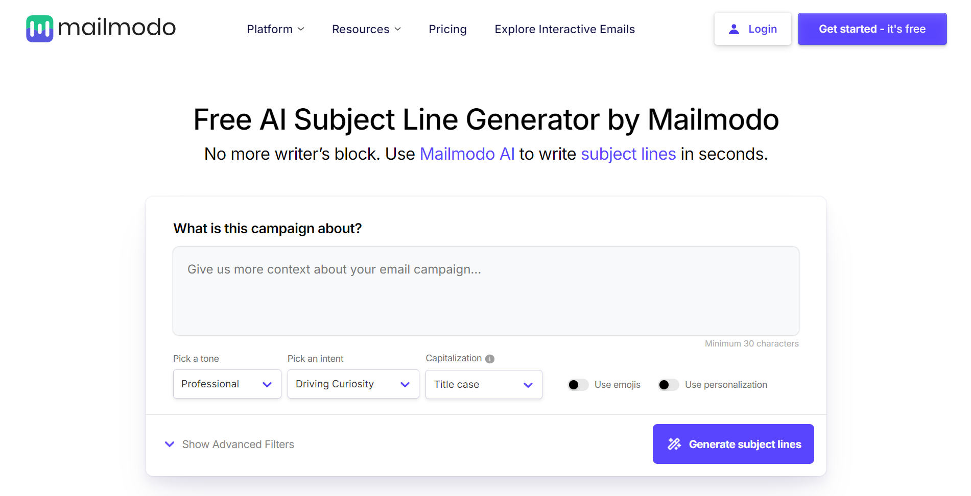 Mailmodo's Email Subject Line Generator
