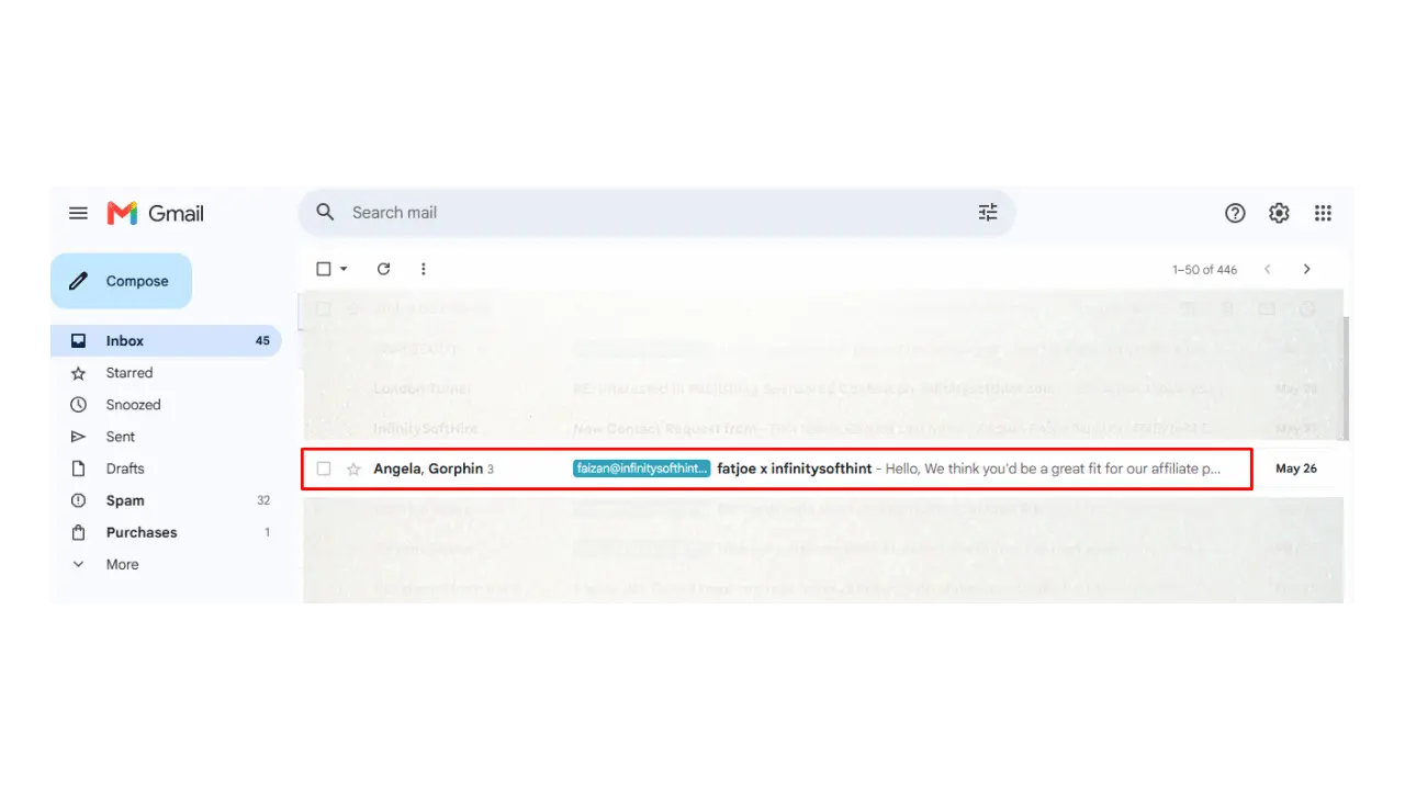 Gmail desktop inbox showing fatjoe x infinitysofthint subject line paired with preview text extending the message about affiliate program demonstrating subject and preview text best practices