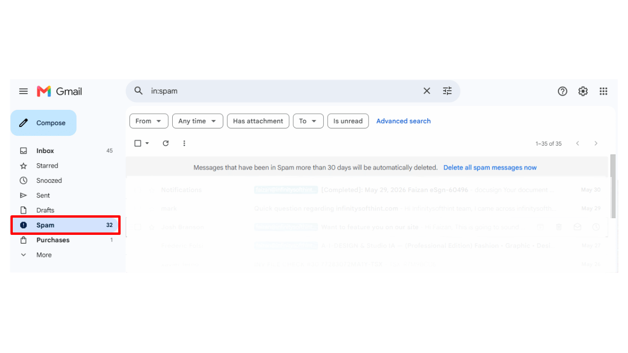 Gmail spam folder showing 32 filtered emails with automatic deletion warning demonstrating consequences of triggering email spam filters