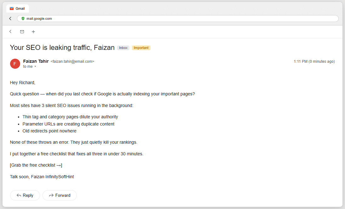 Gmail screenshot showing a short 79-word marketing email with bullet points short paragraphs and single call to action demonstrating email brevity and 80-20 rule best practices