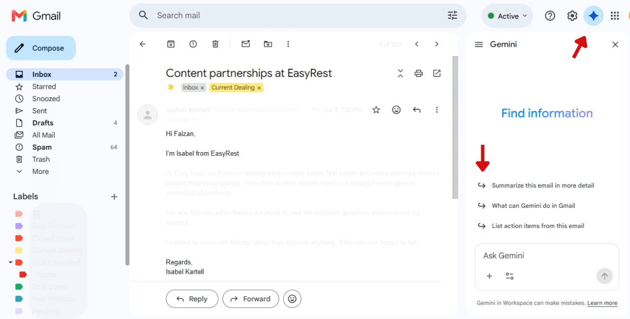 Desktop email app displaying an inbox with various emails, showcasing gemini AI assistant in Gmail for enhanced engagement.