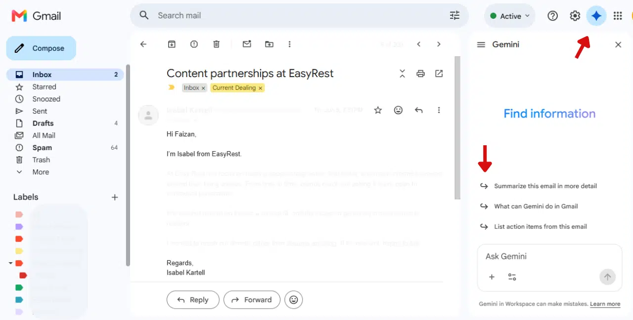 Desktop email app displaying an inbox with various emails, showcasing gemini AI assistant in Gmail for enhanced engagement.