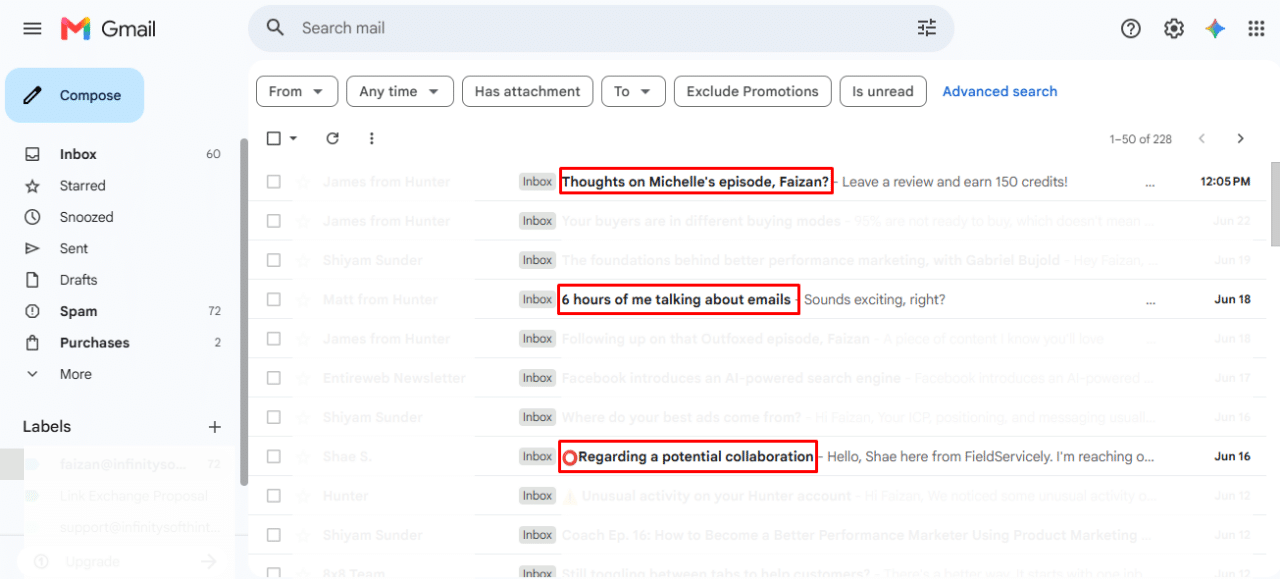 An inside view of Gmail highlighted subject lines to describe why its important to write perfect email subject lines