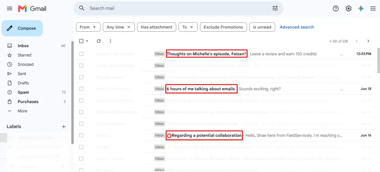An inside view of Gmail highlighted subject lines to describe why its important to write perfect email subject lines