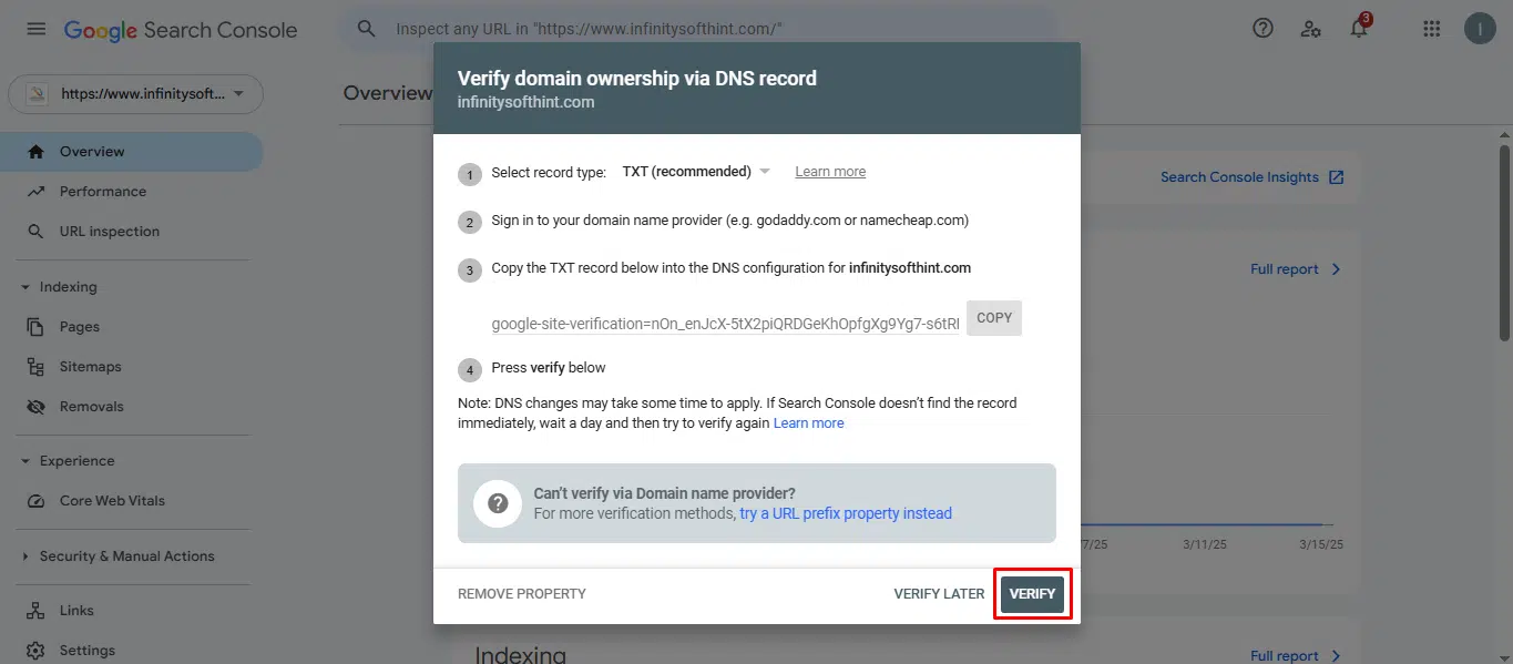Verified Google Search Console Ownership