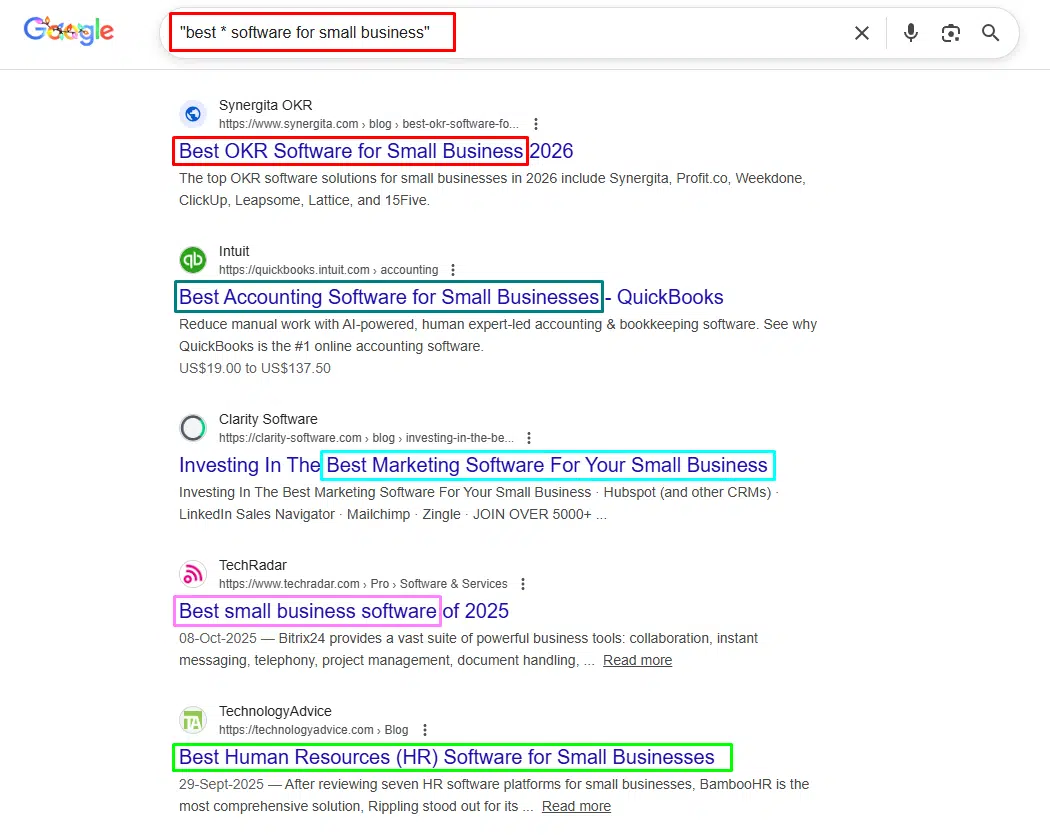 Wildcard Combination Google search results page showing variations of software for small businesses using wildcard search techniques.