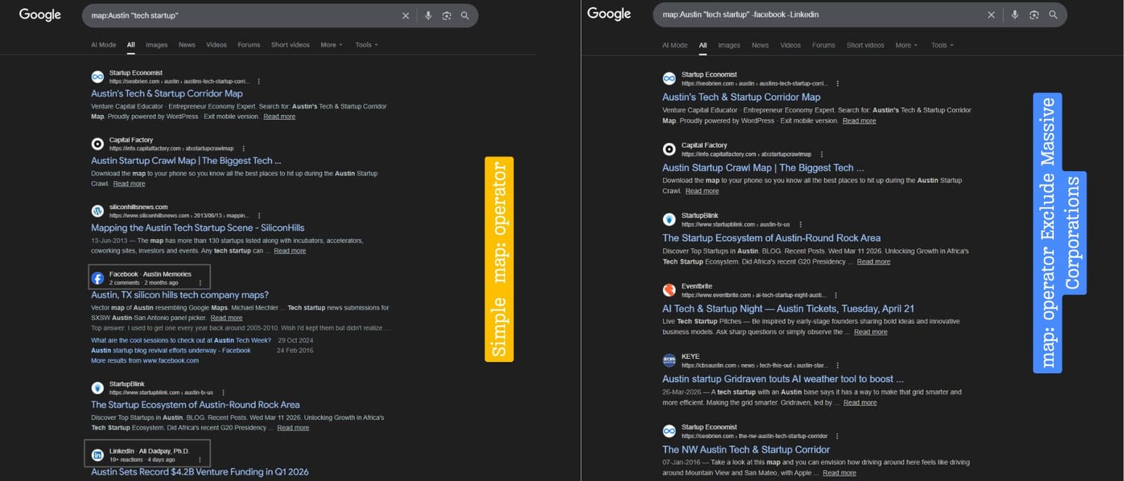 Google search results displayed on both sides of the screen, focusing on Austin tech startups while excluding major corporations.
