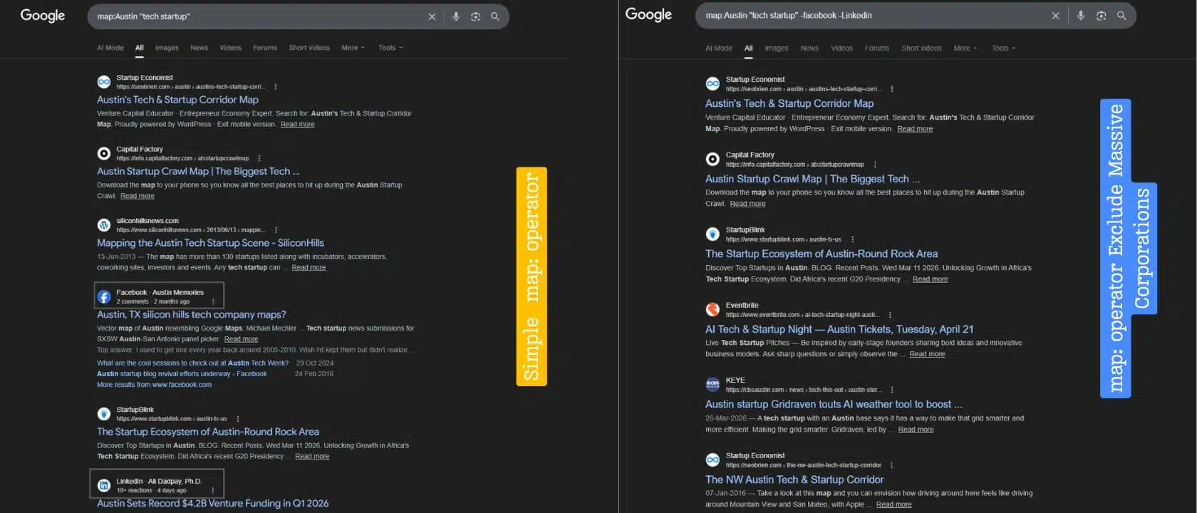 Use of map: operator exclude massive corporations Google search results displayed on both sides of the screen, focusing on Austin tech startups while excluding major corporations.