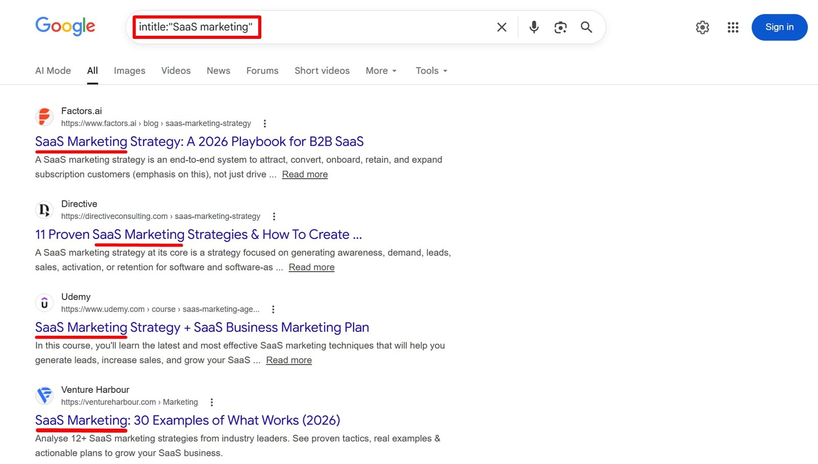 Google search result that show title tag filter example [intitle:”SaaS marketing”]