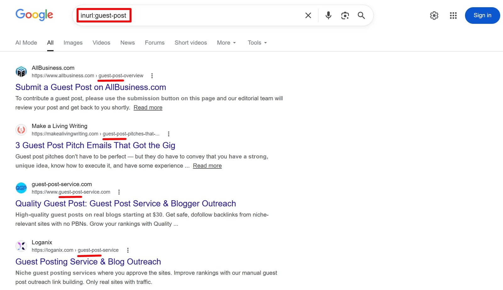 URL filter search operator showing search result of operator inurl:guest-post 
