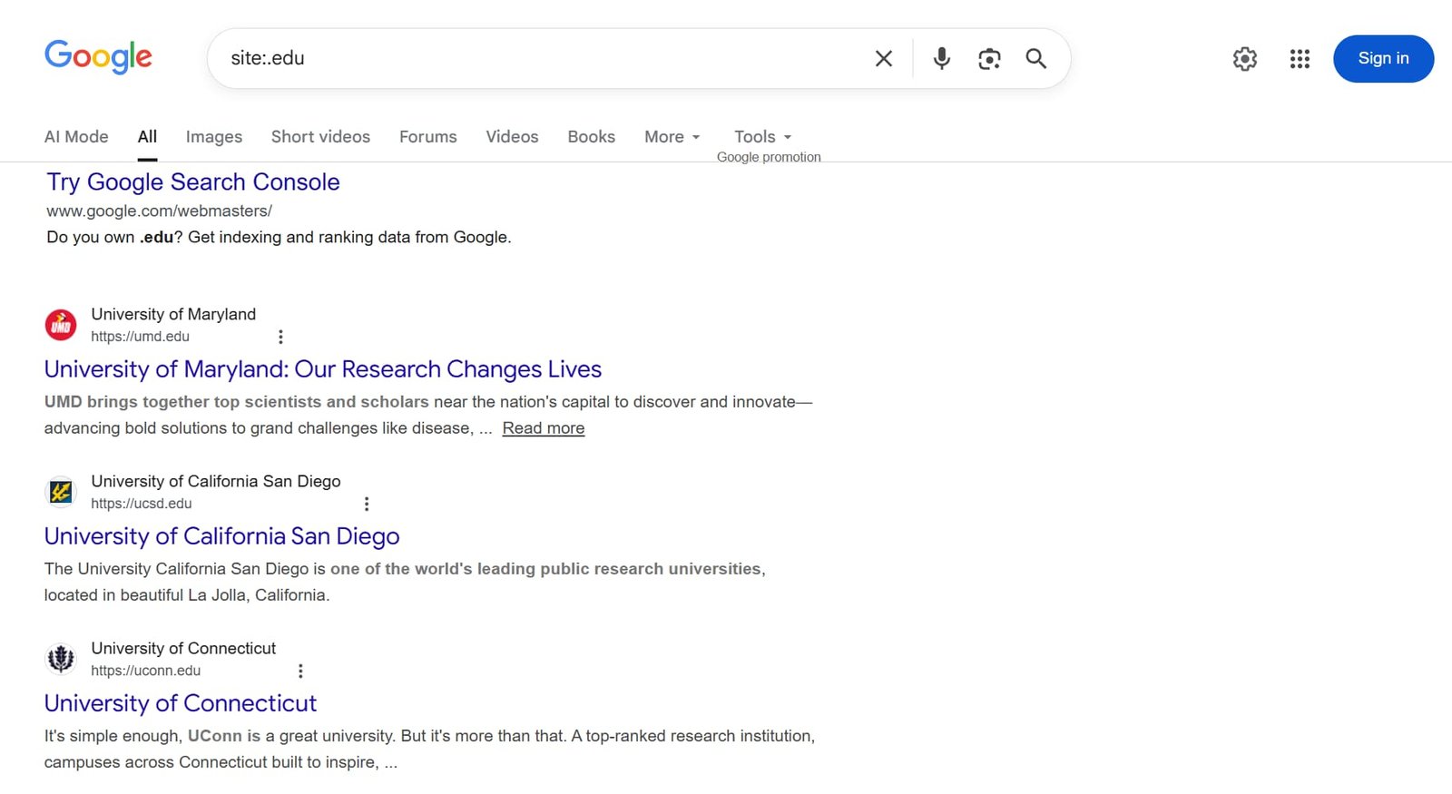 use of domain restriction search operator  showing results of different .edu websites