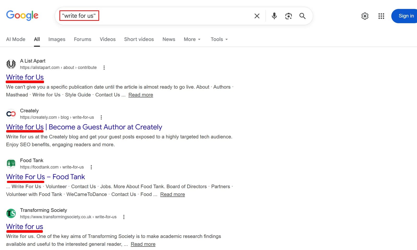 Exact Match Search Operator "Write for us"