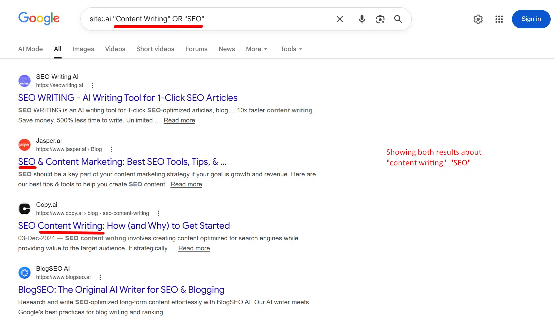 Google search results of using OR search operator showing example [site:.ai "Content Writing" OR "SEO"]