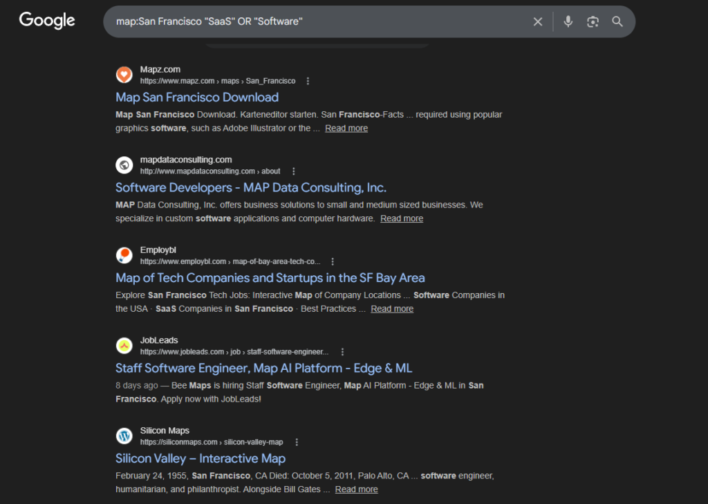 Search results on a black background showing SaaS and software industries in San Francisco using the map: operator.