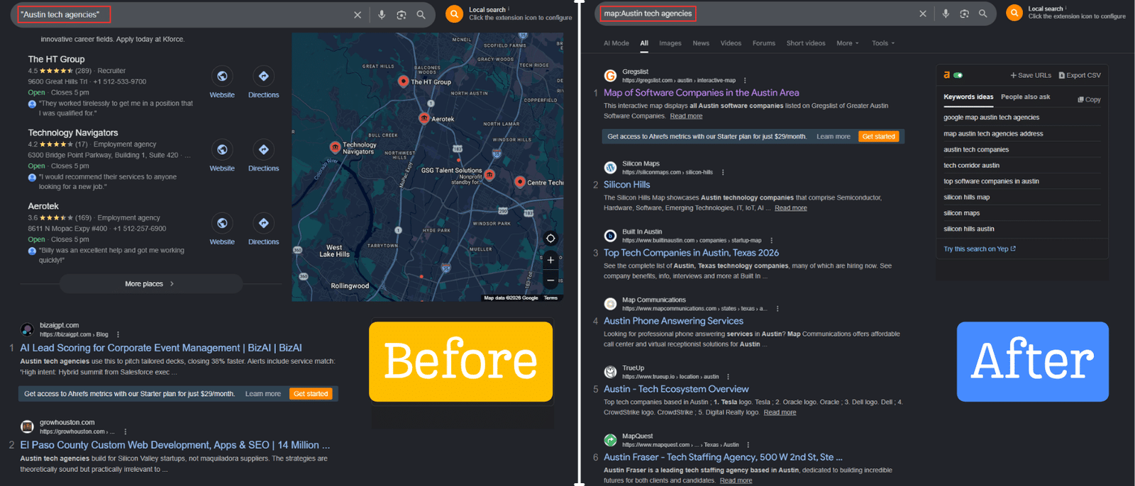 Before and after comparison of Google Maps app showing enhanced map search results using the map: operator for better visibility.