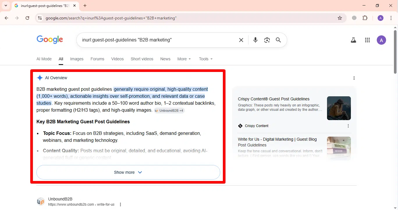 Google search results featuring a highlighted search box for guest post guidelines in B2B marketing, with AI summary above links.