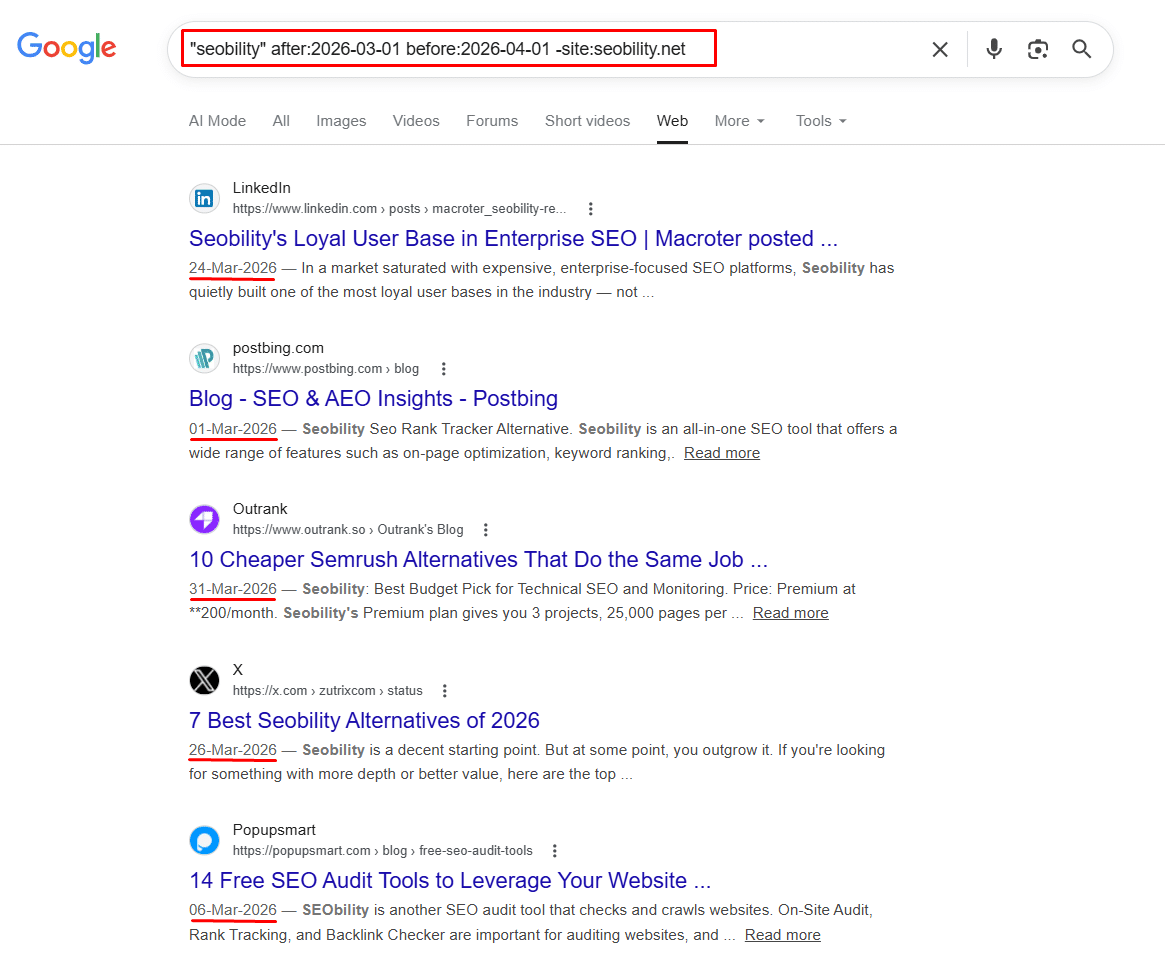 Google search results using after and before date operators to find Seobility brand mentions published between March 1 and April 1 2026 on LinkedIn, Postbing, Outrank, X and Popupsmart