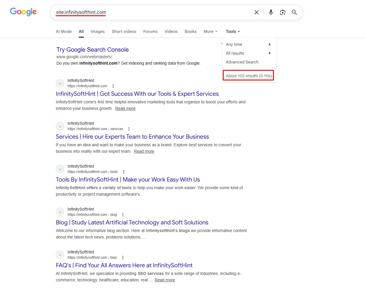 Illustration of using the site: search operator on Google to find indexed entries for infinitysofthint.com, showing 102 results.