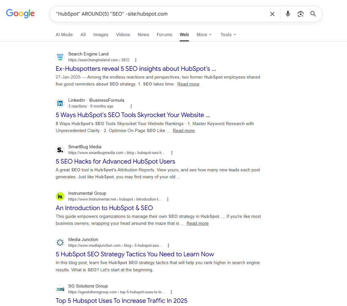 Google search results using AROUND(5) operator showing third-party websites mentioning HubSpot in SEO context after excluding hubspot.com
