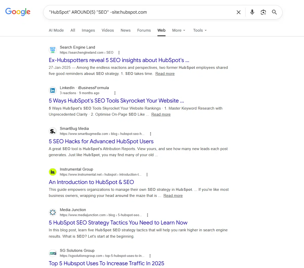 Google search results using AROUND(5) operator showing third-party websites mentioning HubSpot in SEO context after excluding hubspot.com