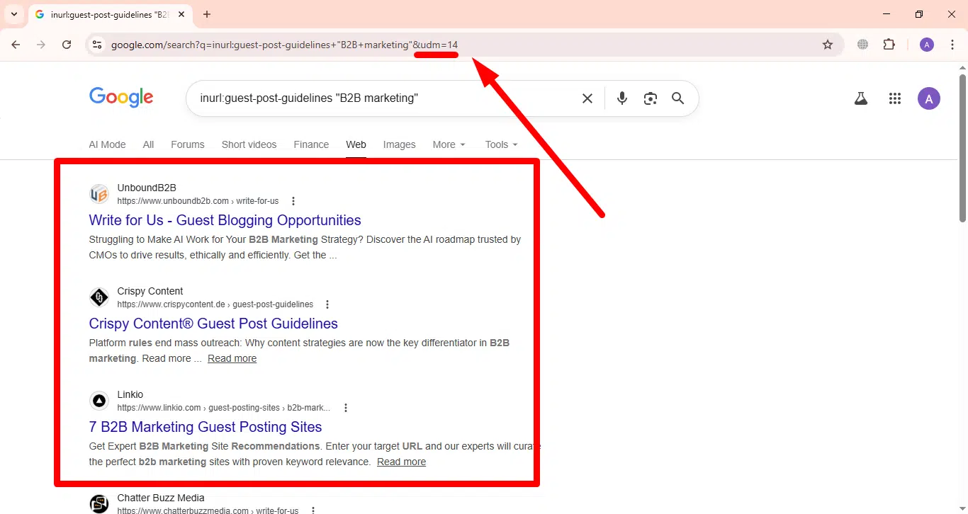 A clean results on Google search page, displaying a streamlined SERP without AI overviews for effective link-building strategies.