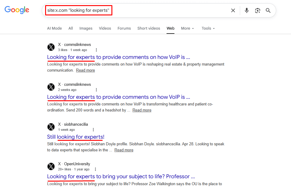 A Google search result showing how to find active PR opportunities by using the site operator on x.com for the phrase looking for experts.