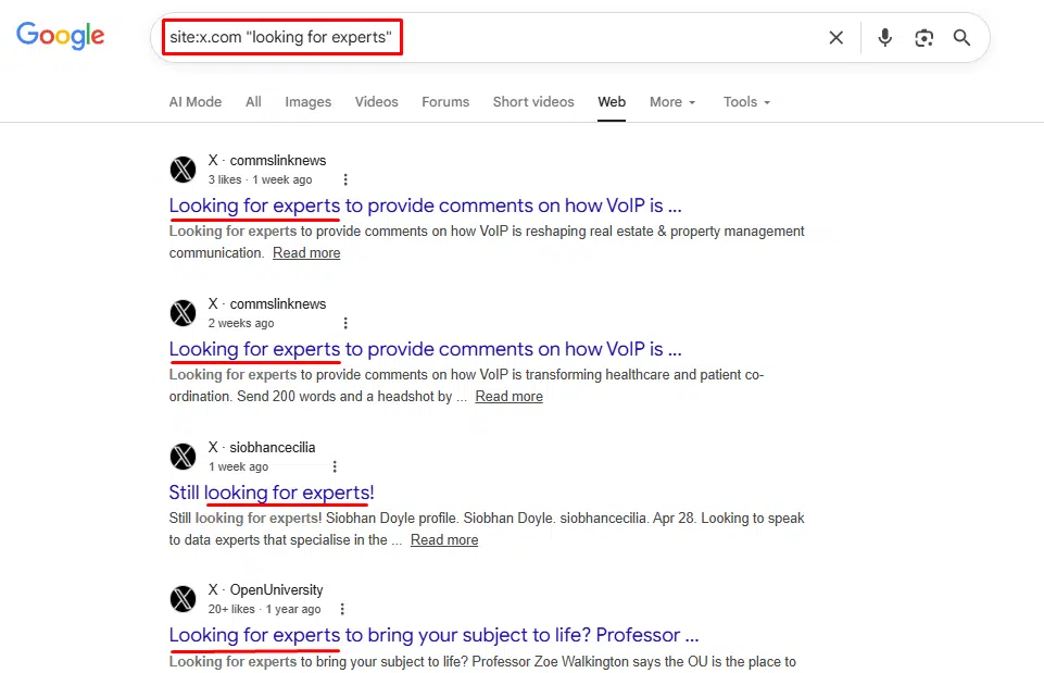 A Google search result showing how to find active PR opportunities by using the site operator on x.com for the phrase looking for experts.