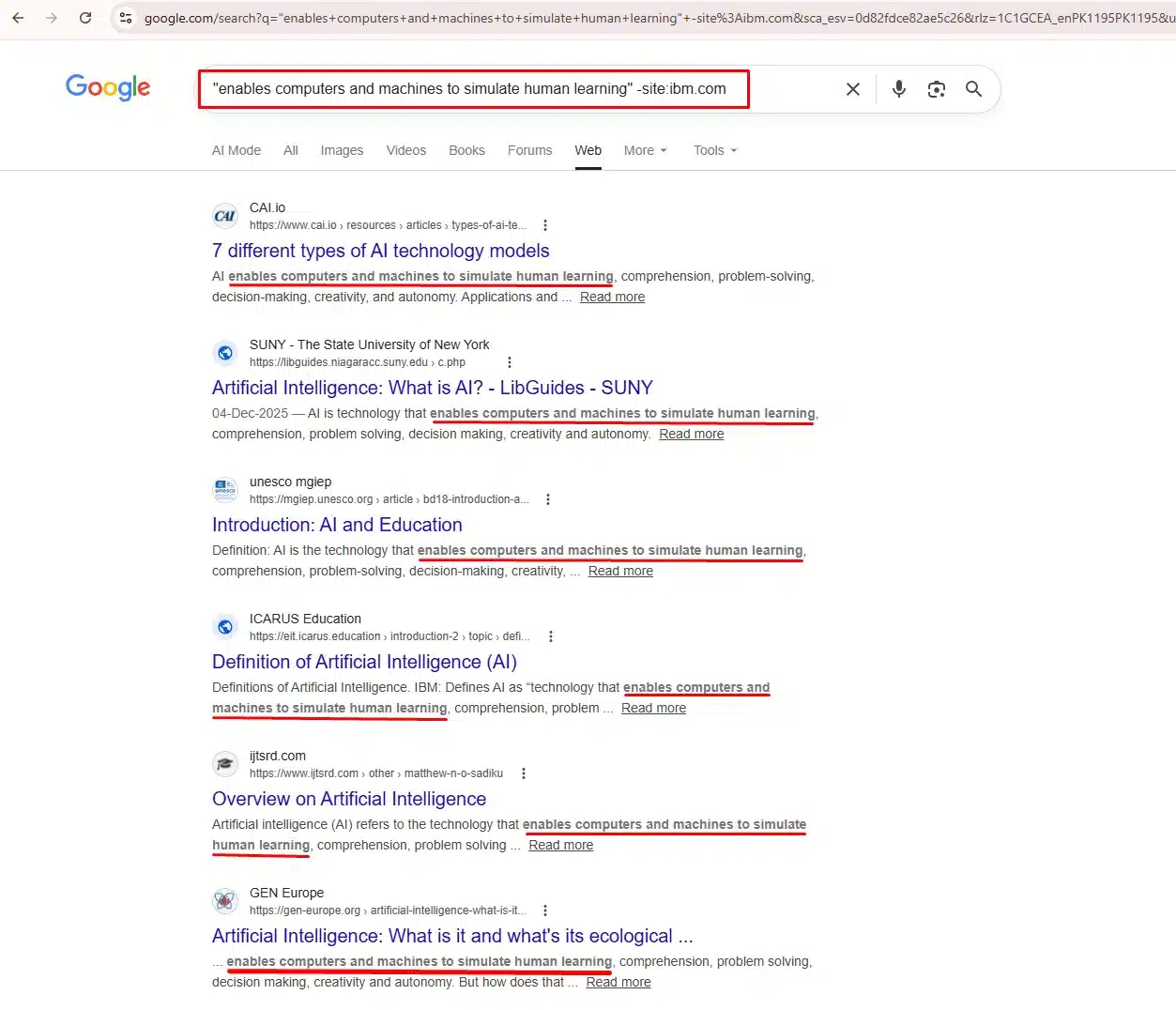 Google search results showing websites that copied IBM's AI definition using exact match quote operator