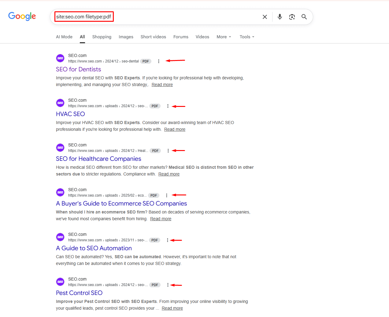Google search results showing site:seo.com filetype:pdf query with PDF SEO documents and indexed downloadable files highlighted.