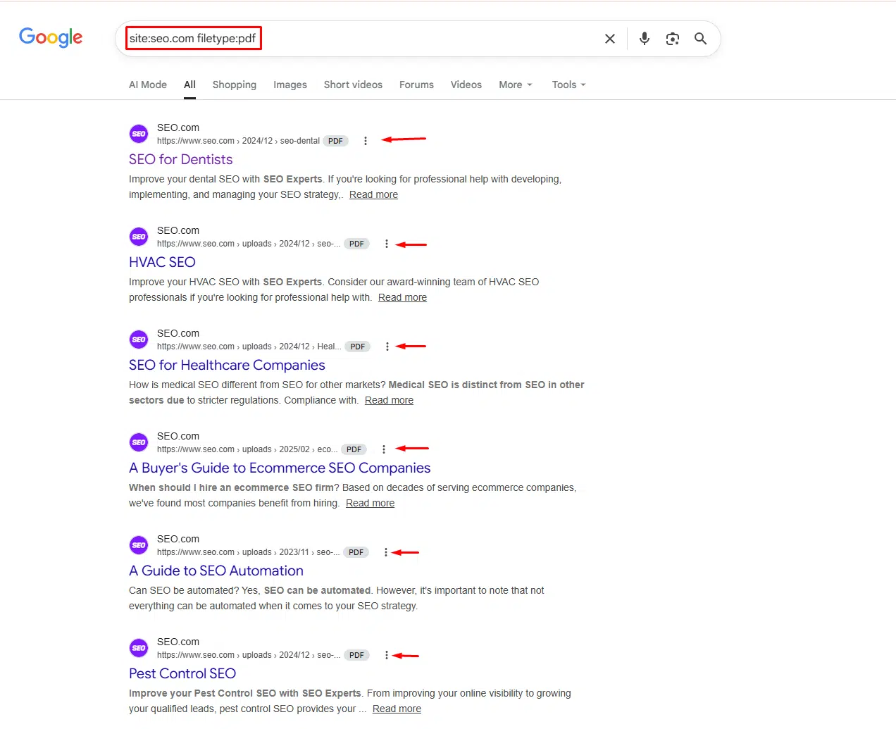 Google search results showing site:seo.com filetype:pdf query with PDF SEO documents and indexed downloadable files highlighted.