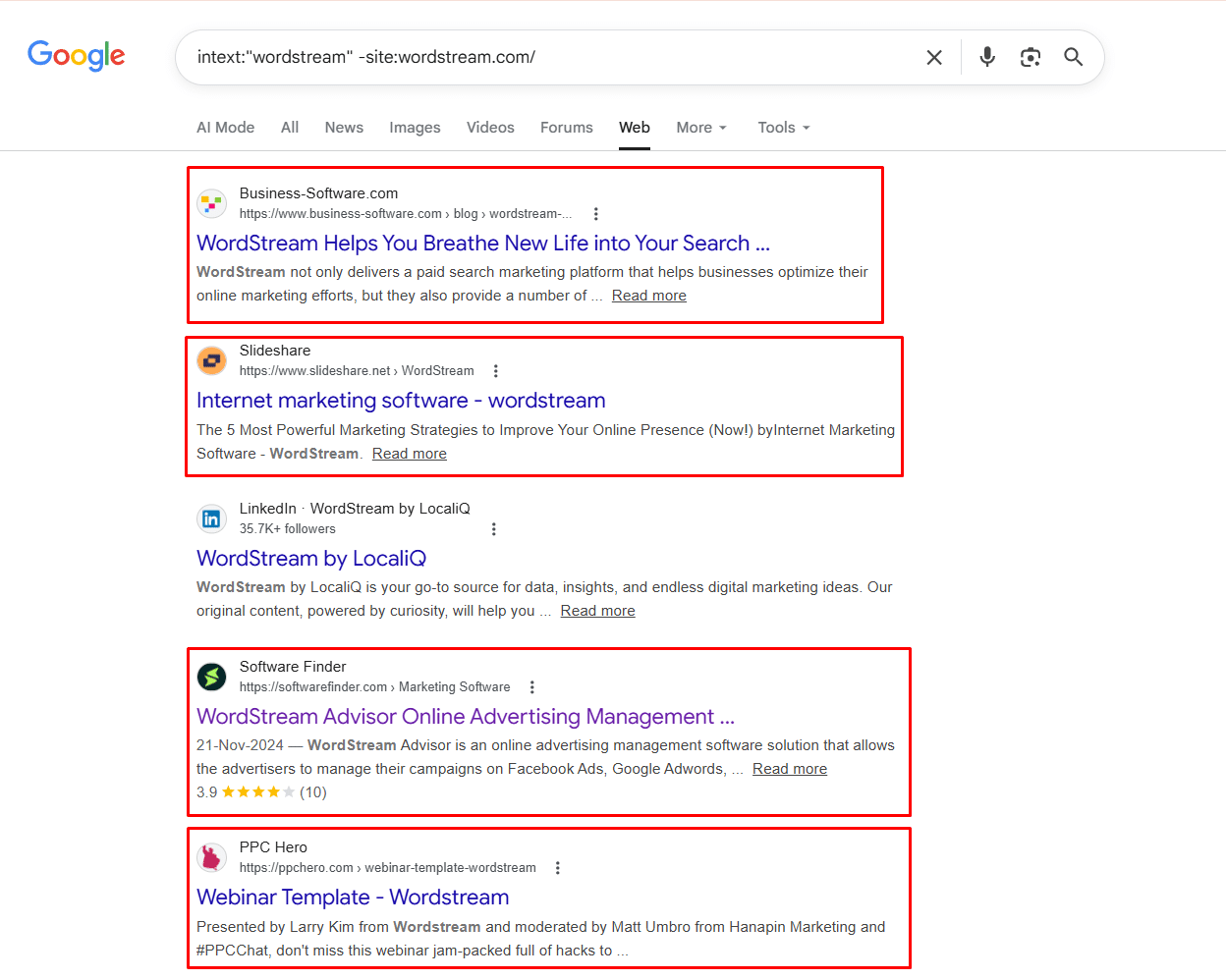 Google search results using intext operator to find third-party websites mentioning WordStream while excluding their own domain, showing mentions on Business-Software.com, Slideshare, Software Finder and PPC Hero