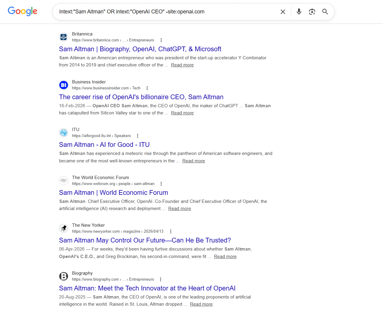 Google search results using intext OR operator to find third-party mentions of Sam Altman and OpenAI CEO across Britannica, Business Insider, World Economic Forum and New Yorker