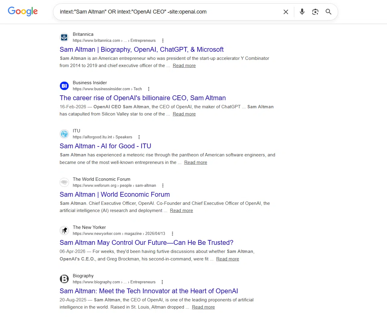 Google search results using intext OR operator to find third-party mentions of Sam Altman and OpenAI CEO across Britannica, Business Insider, World Economic Forum and New Yorker