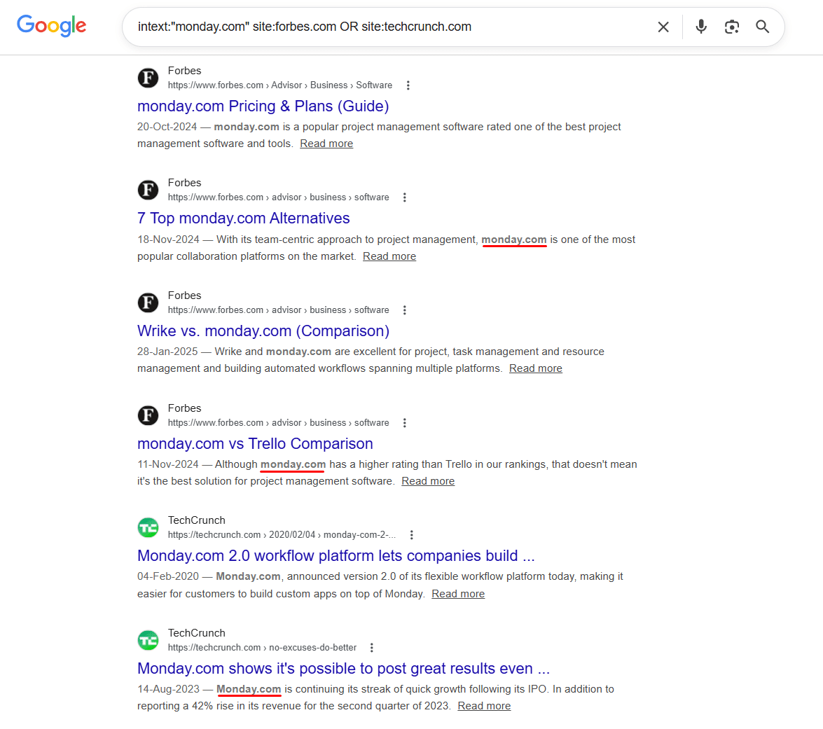 Google search results using intext and site operator combination to find monday.com mentions on Forbes and TechCrunch revealing competitor high-tier media placements