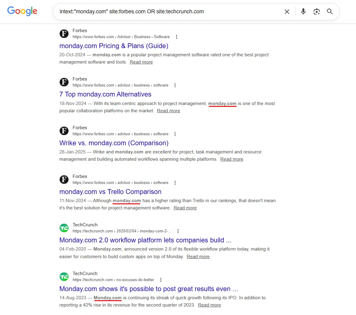 Google search results using intext and site operator combination to find monday.com mentions on Forbes and TechCrunch revealing competitor high-tier media placements