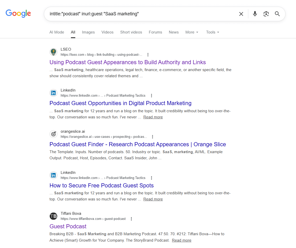 Google search results using intitle and inurl operators to find SaaS marketing podcast guest opportunities across LSEO, LinkedIn and industry blogs