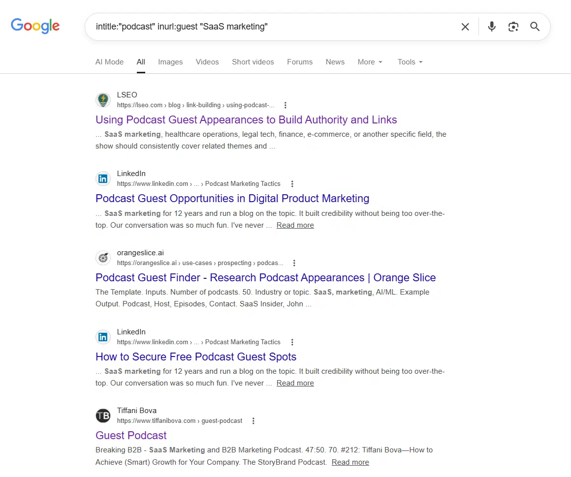Google search results using intitle and inurl operators to find SaaS marketing podcast guest opportunities across LSEO, LinkedIn and industry blogs