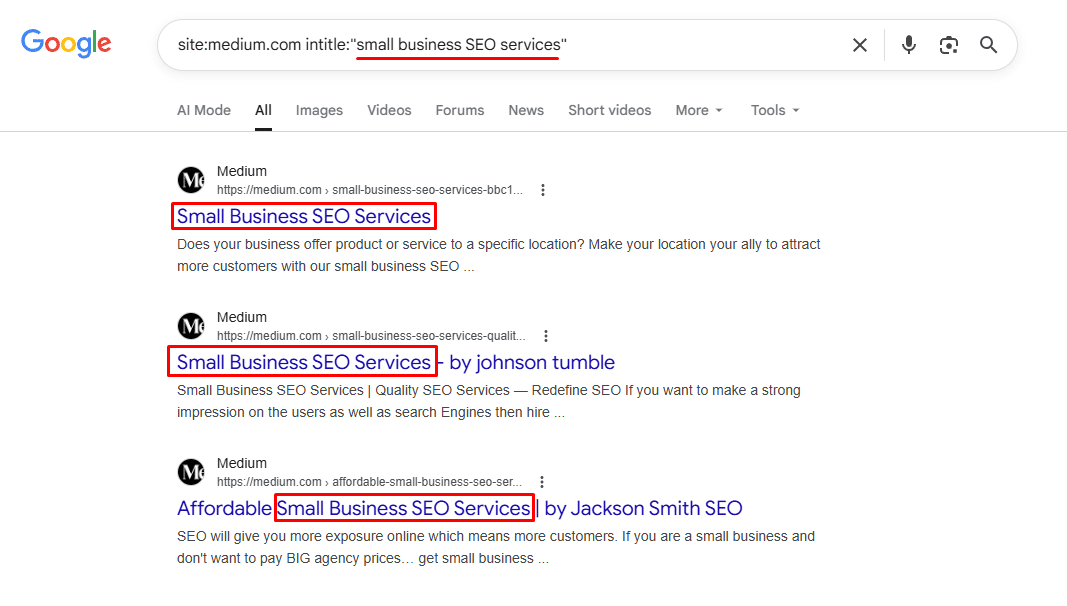 Google search results showing keyword cannibalization on Medium using the site and intitle search operators.