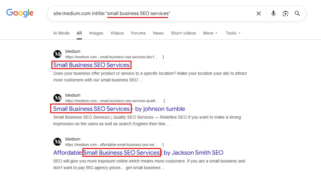 Google search results showing keyword cannibalization on Medium using the site and intitle search operators.