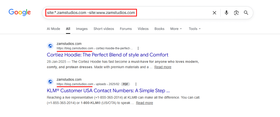 Google search results page displaying a query for "site:zamstudios.com -site:www.zamstudios.com," exposing staging environments and hidden subdomains, with two results listed from zamstudios.com.
