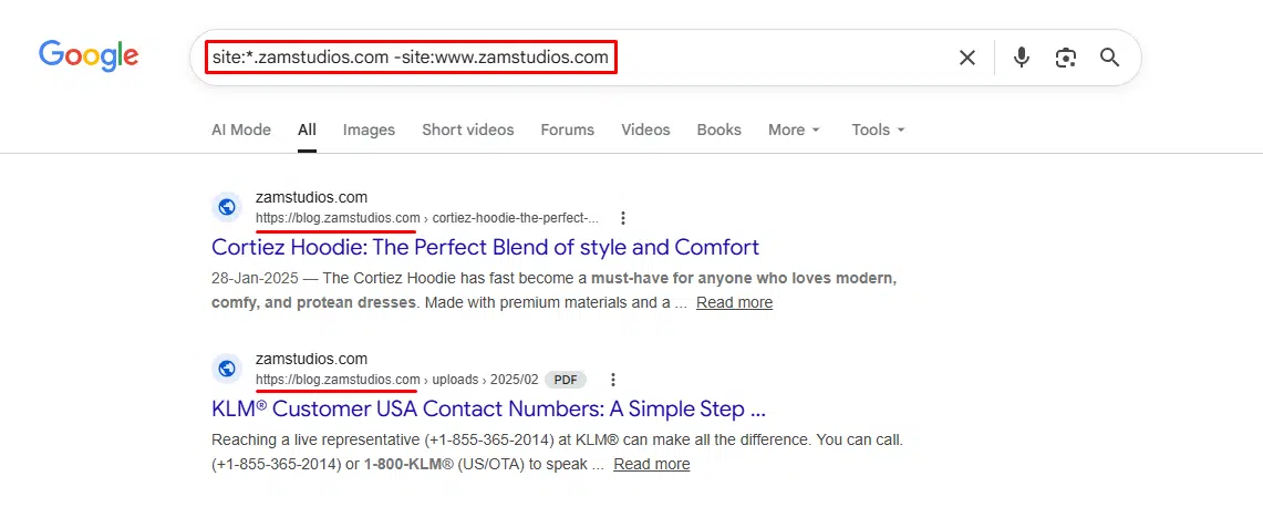 Google search results page displaying a query for "site:zamstudios.com -site:www.zamstudios.com," exposing staging environments and hidden subdomains, with two results listed from zamstudios.com.