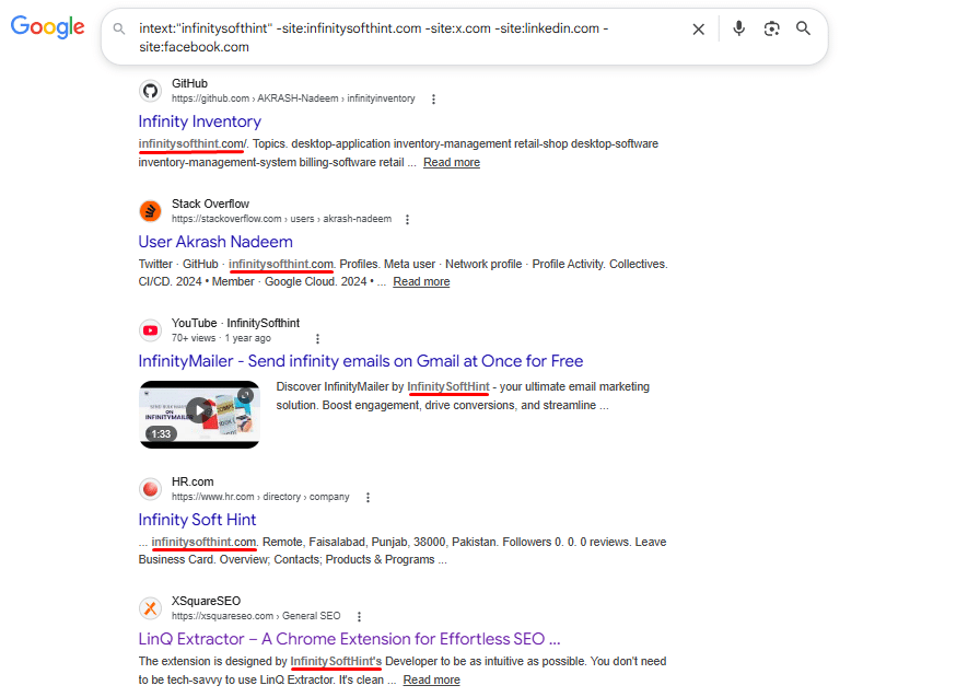 Google search results using intext operator combined with multiple site exclusions to find third-party brand mentions of InfinitySoftHint.