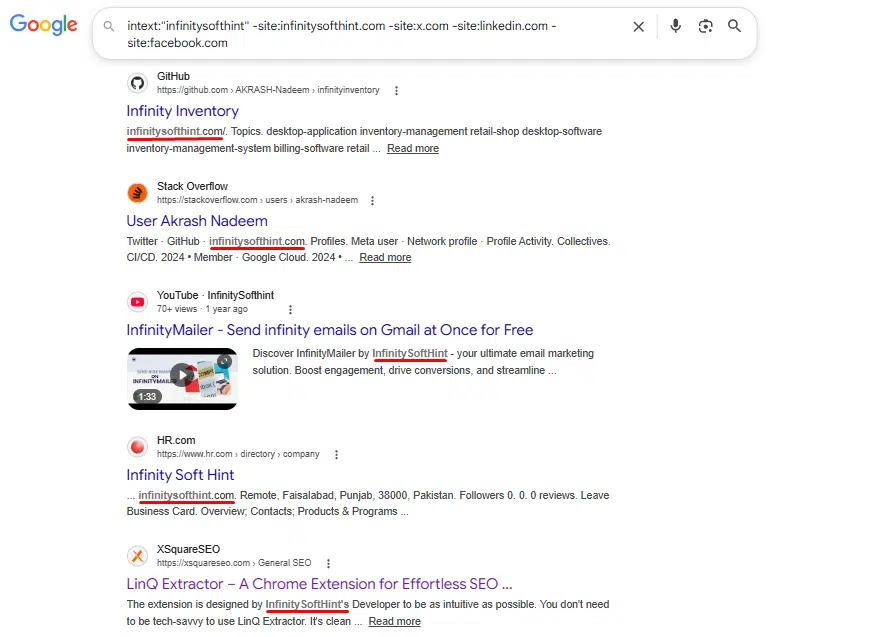 Google search results using intext operator combined with multiple site exclusions to find third-party brand mentions of InfinitySoftHint.