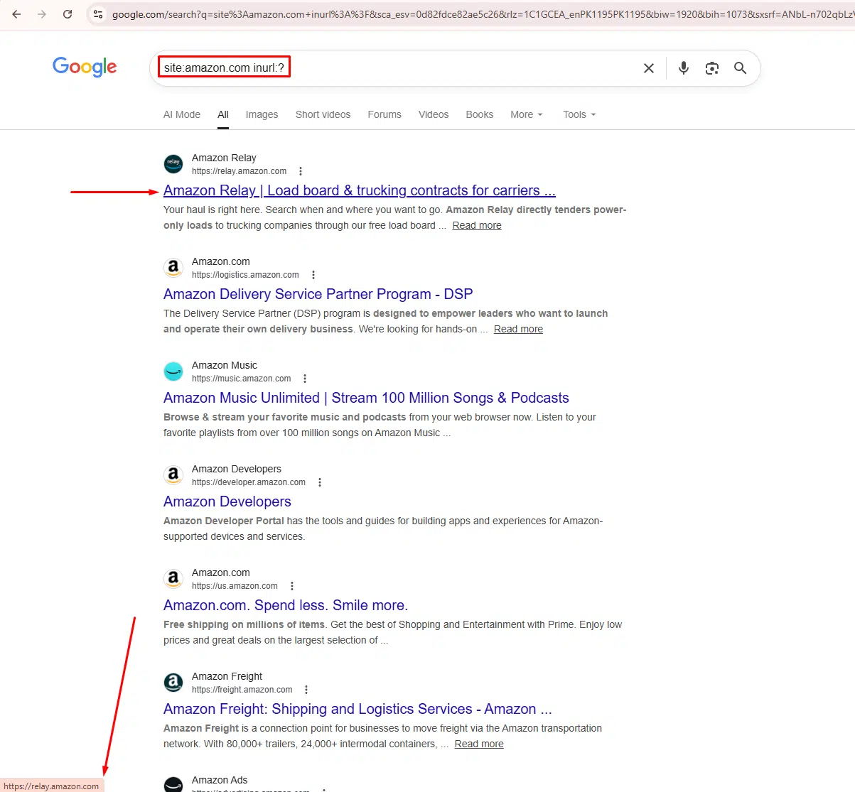 Google search results for site:amazon.com inurl:? showing operator failure with irrelevant pages instead of parameter URLs