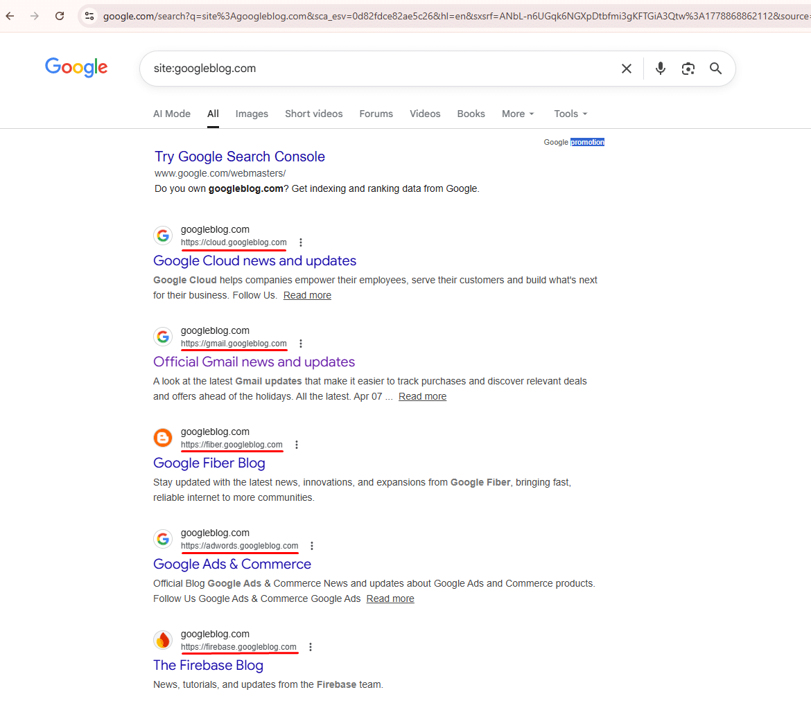 Google search results for site:googleblog.com showing old domain pages still indexed after migration