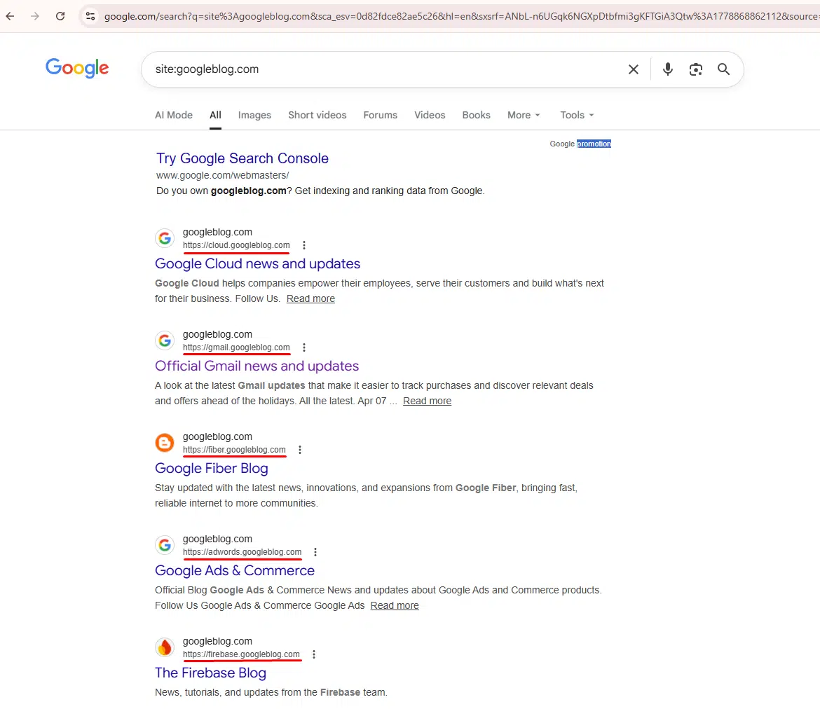 Google search results for site:googleblog.com showing old domain pages still indexed after migration