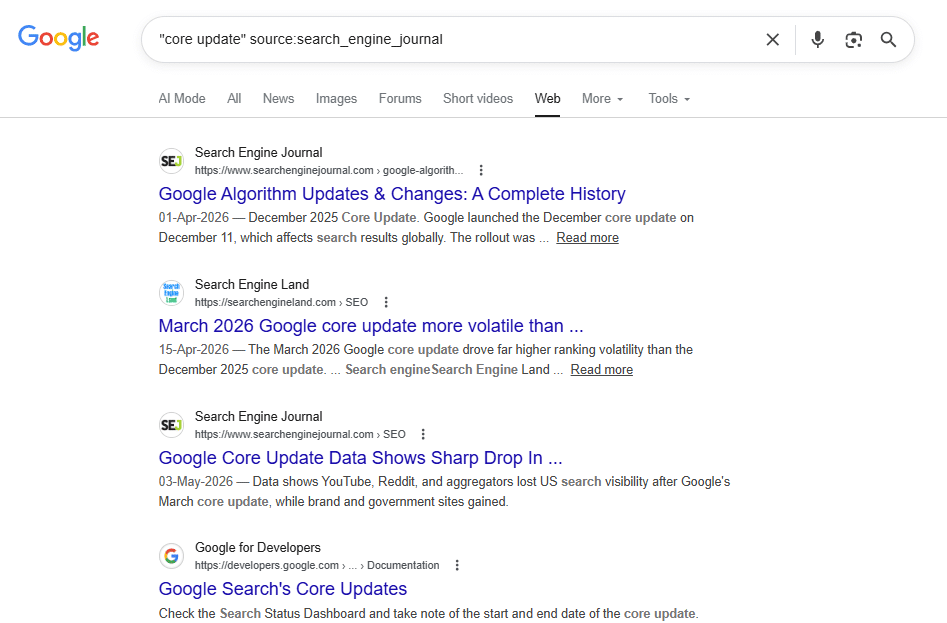 Google search results demonstrating the use of the source operator to filter specific news coverage on Search Engine Journal for targeted PR pitching.